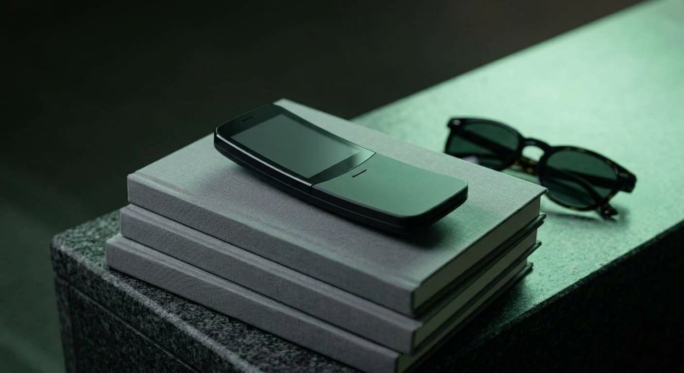 The Neo One closed, lying face down on a stack of grey books next to dark sunglasses