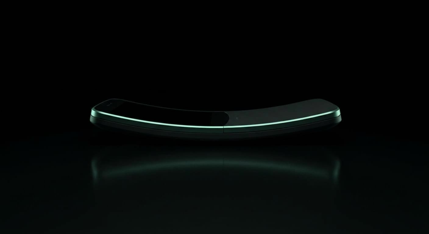 The Neo One lying on its back in profile, its long curve lit by a thin green rim light