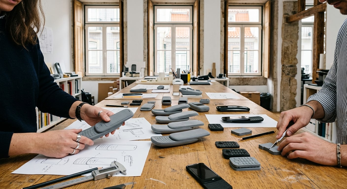 A small design studio with foam models and sketches of curved slider phones on a long table